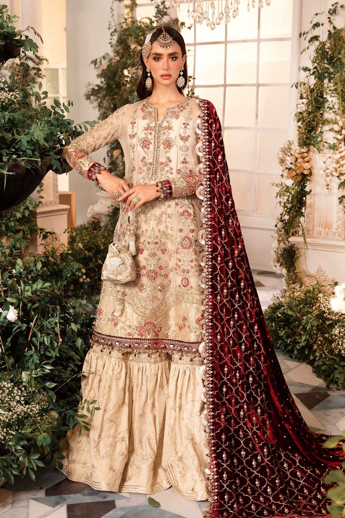 Maria B BD-2905-Ivory and Maroon full-length primary view