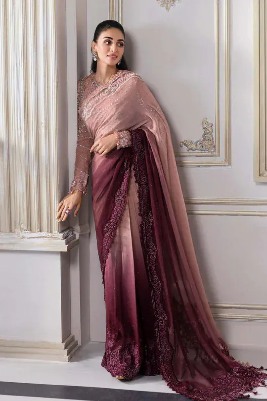 Dusty Rose Embroidered Saree in dusty rose / deep maroon — full outfit view