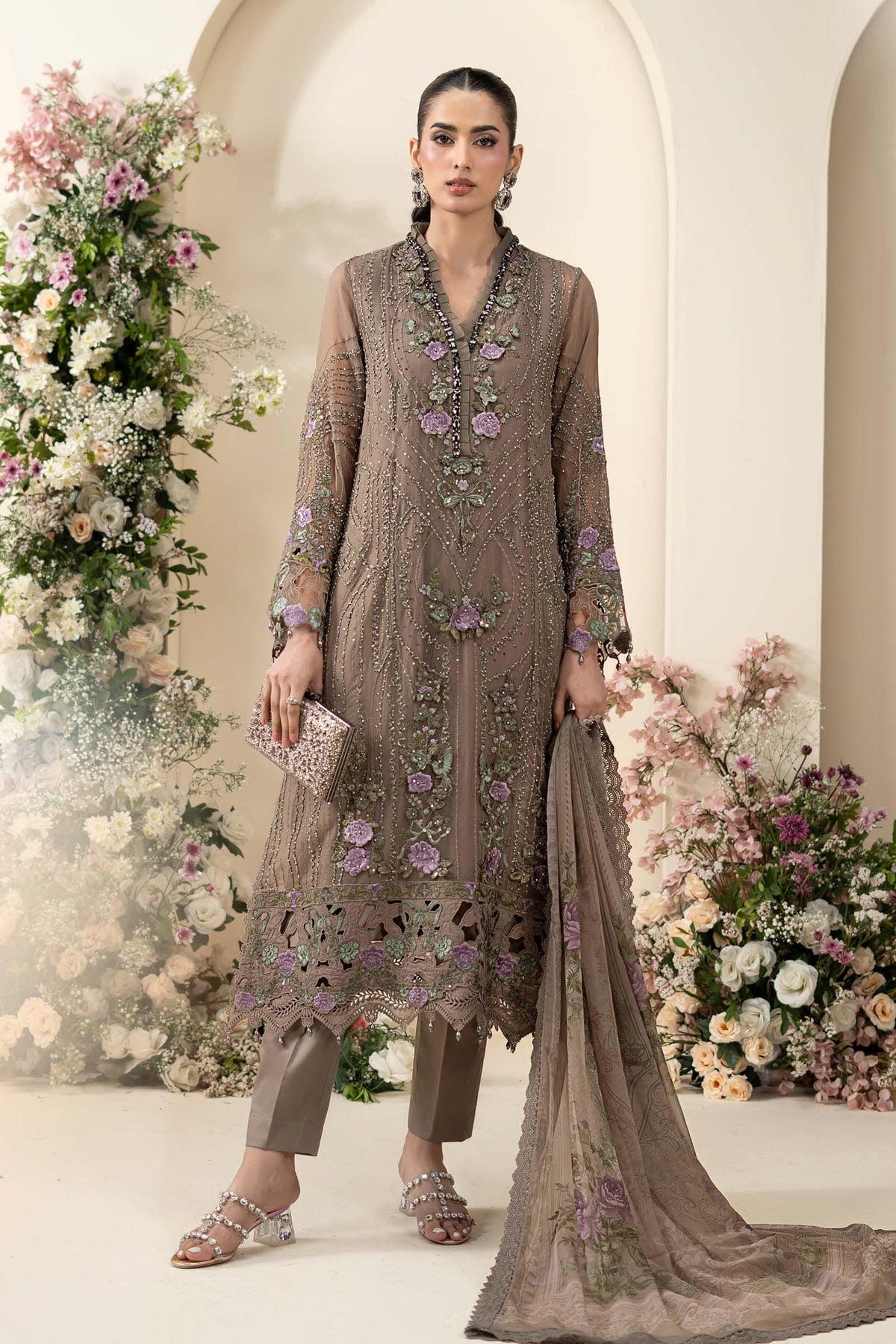 Maria b Chiffon | MCS-26-102-Muted Mocha Brown full-length primary view