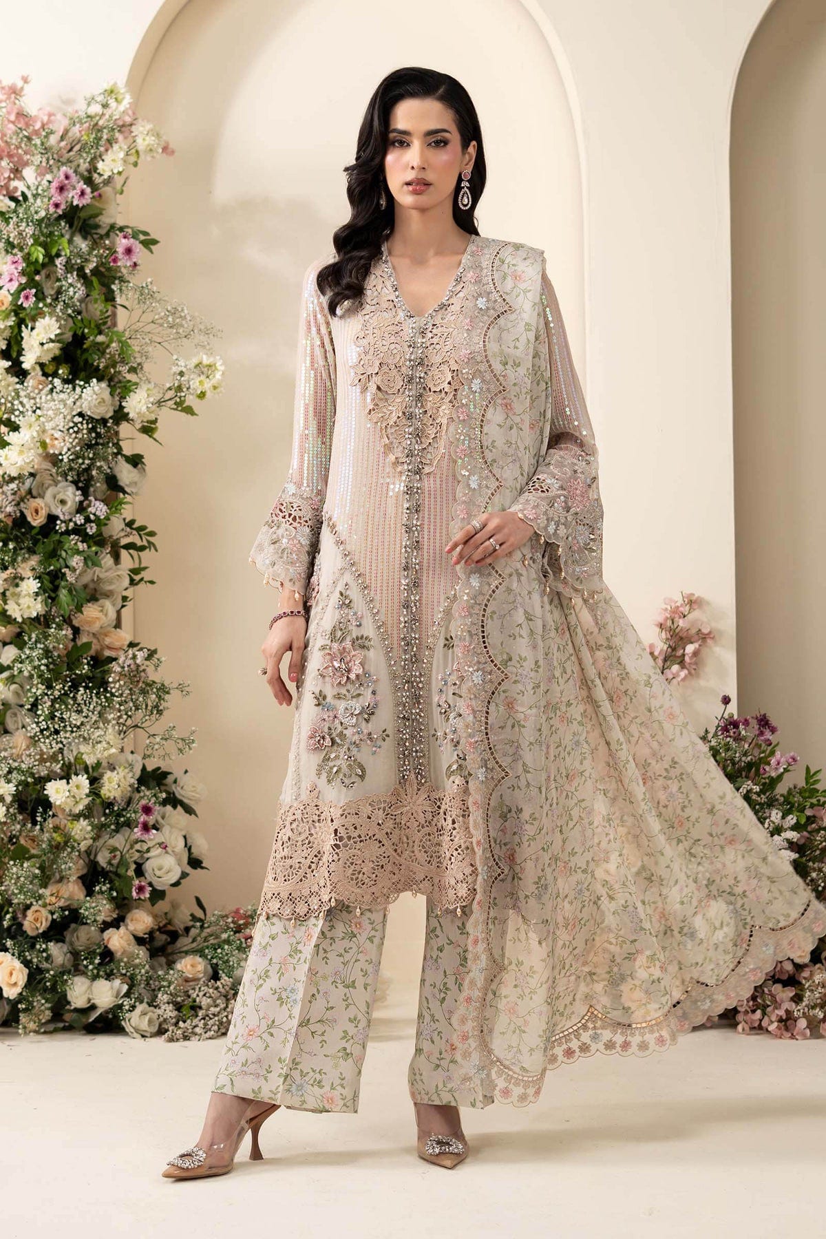 Maria b Chiffon | MCS-26-107-Ivory Beige full-length primary view