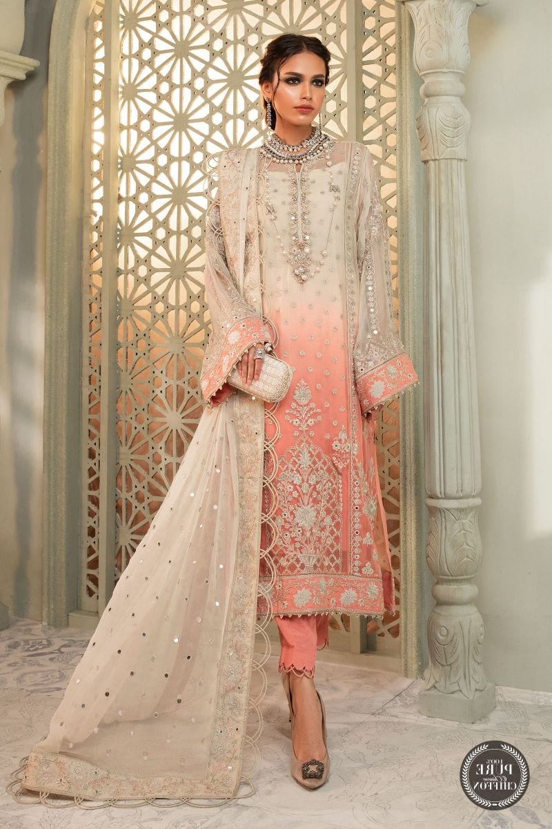 Maria b Chiffon - MPC-22-208-Cream and Coral Pink full-length primary view