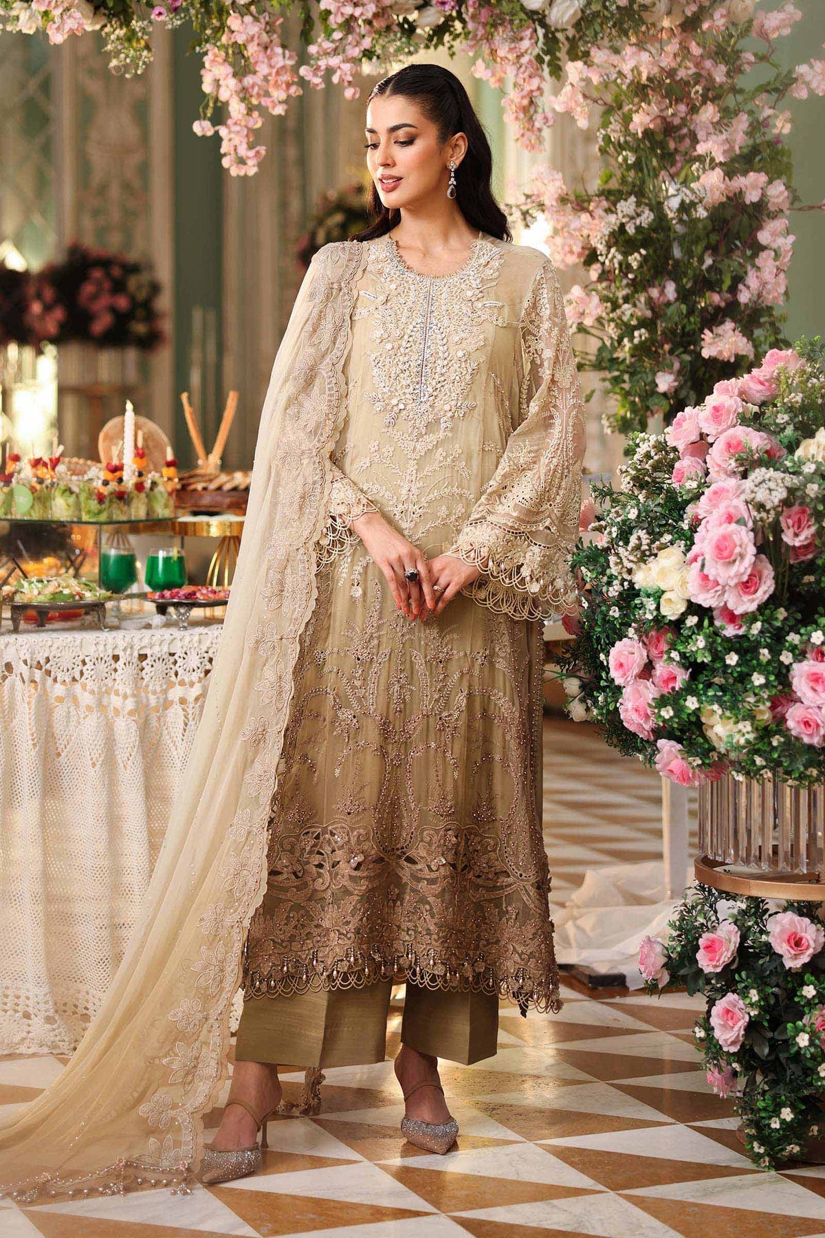 Maria b Chiffon | MPC-26-103-Olive Gold full-length primary view