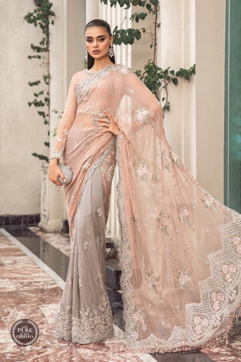 Maria B Chiffon Saree Peach And Grey MPC-23-105 full-length primary view