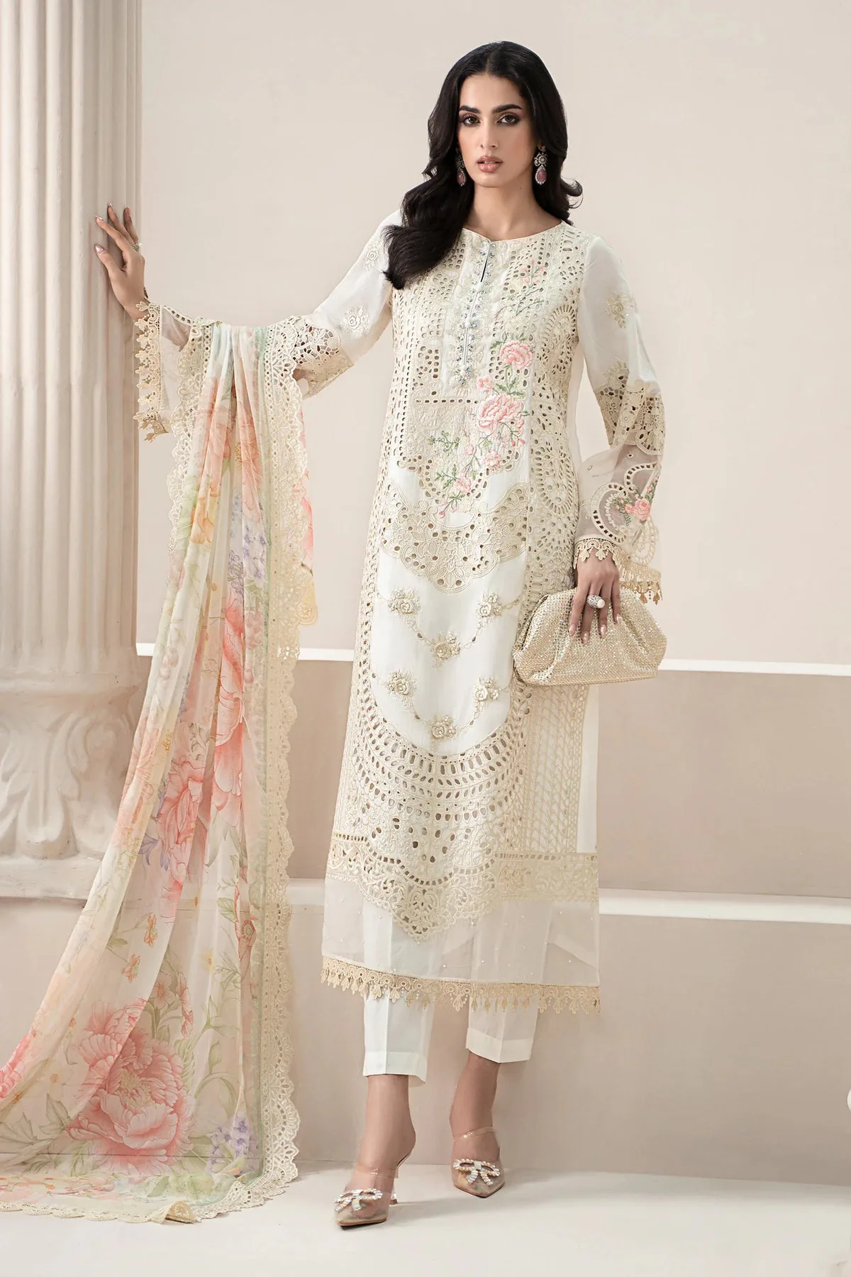 Maria.B Cotton Luxury Chikankri - Off White full-length primary view