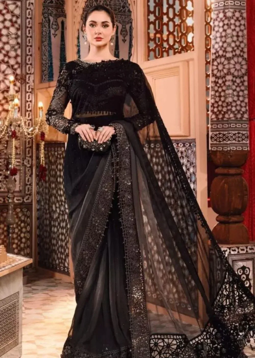 Maria B – D4 2504 Saree in black and grey – full outfit view