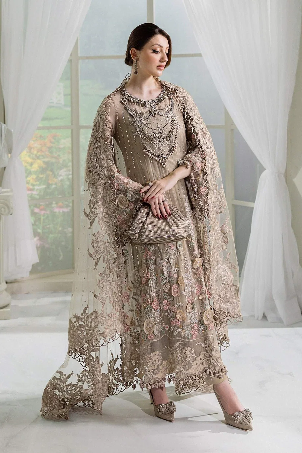 Beige Embroidered Chiffon Suit in soft beige — full outfit view