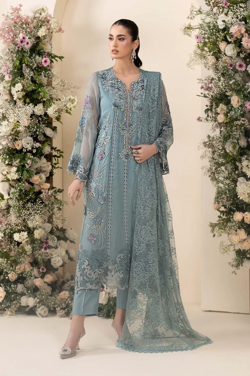 Slate Blue Chiffon Suit in slate blue — full outfit view