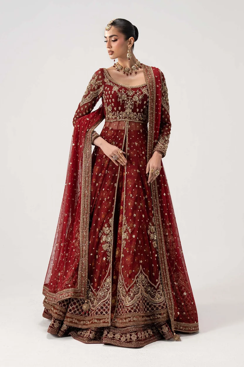 Maria.B Retro Shadmani Couture – Bazif Deep Red full front model view