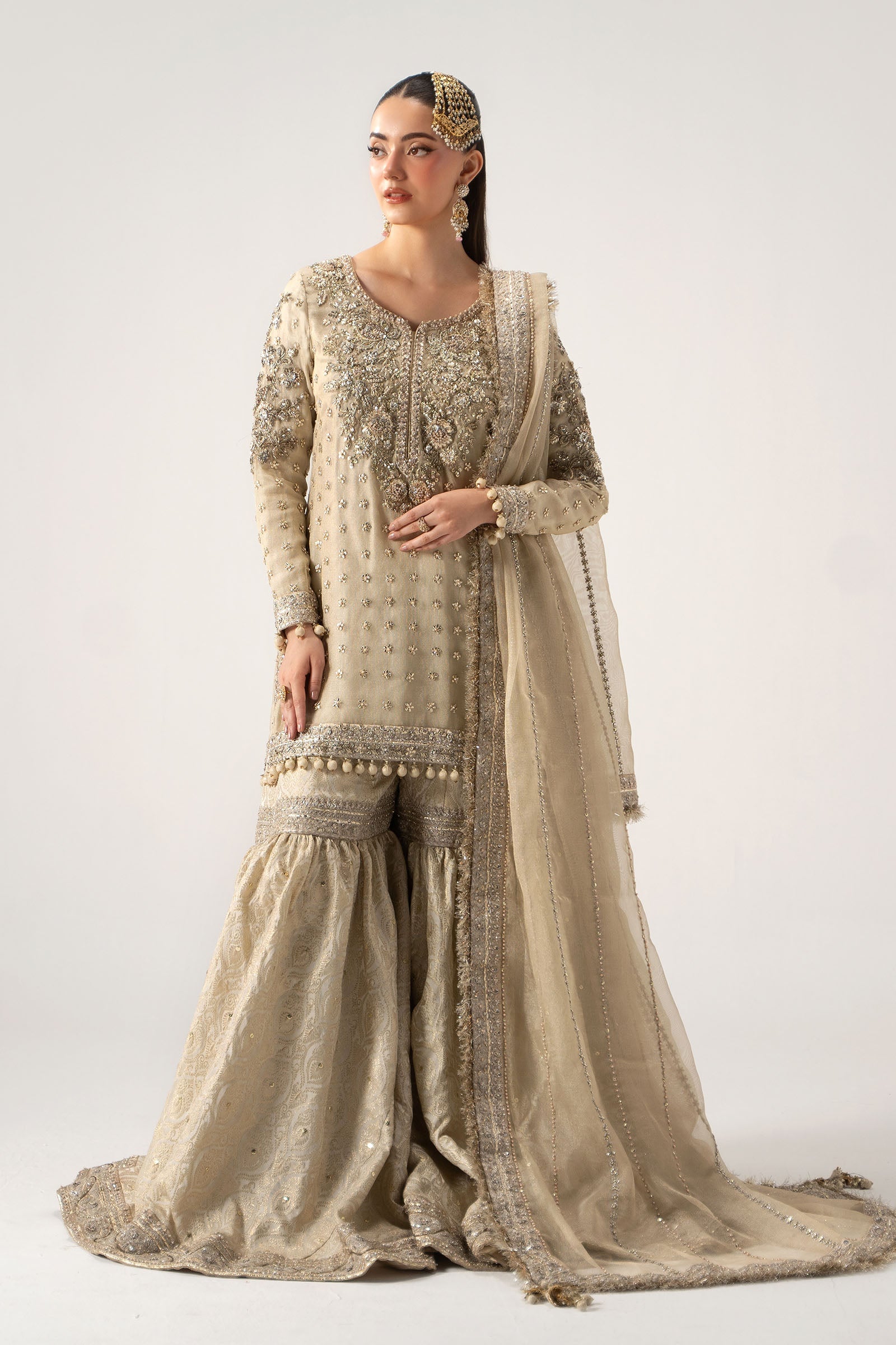 Maria.B Retro Shadmani Couture – Mayrozeh Gold and Cream full front gharara model view
