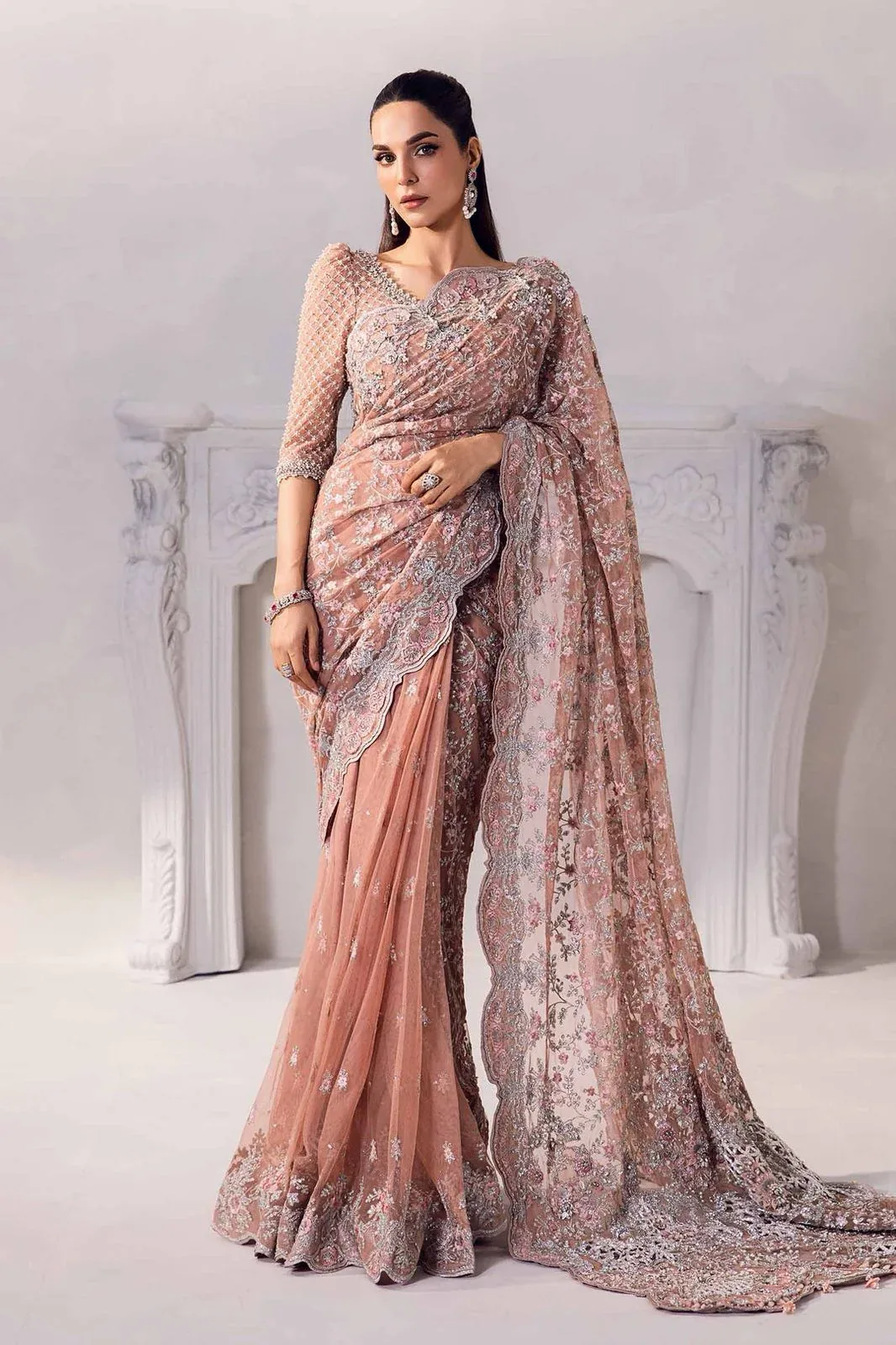 Maria B – Solana Saree in peach blush – full outfit view
