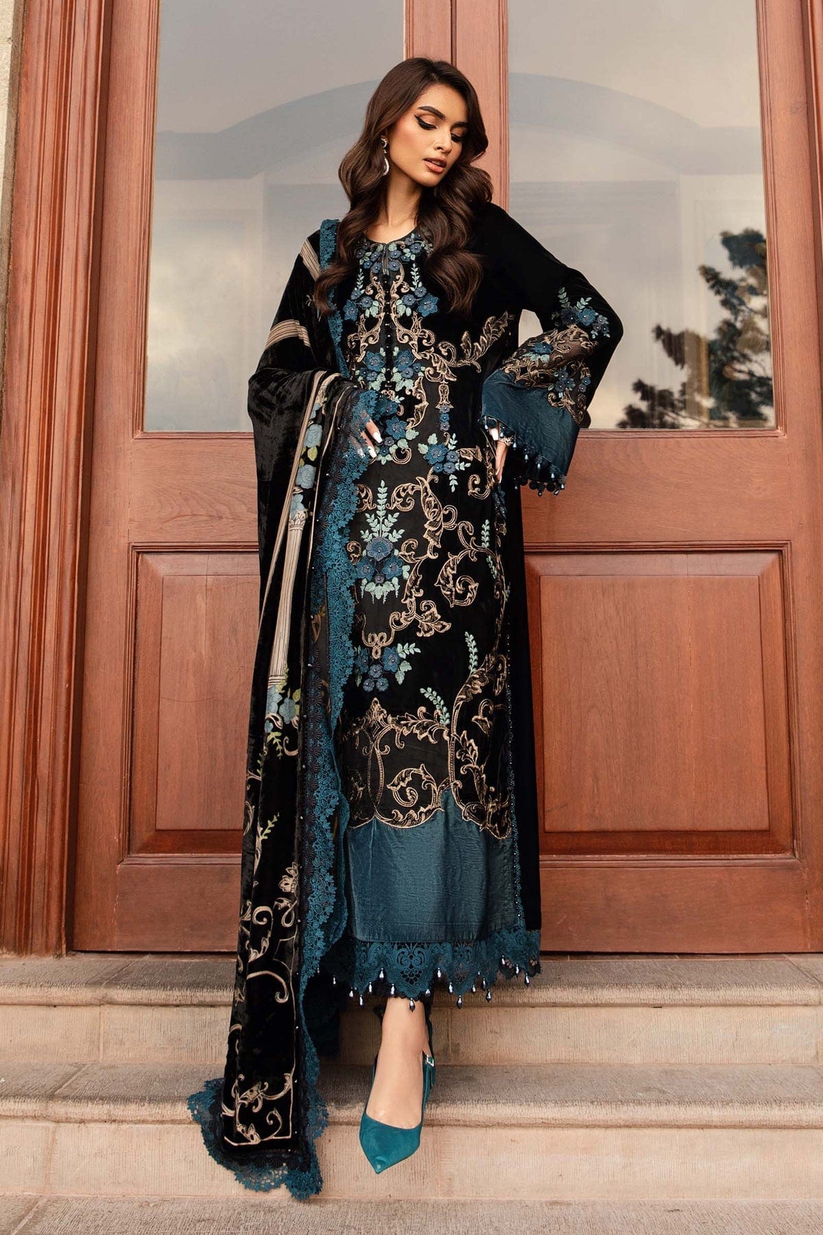 Maria b velvet luxe (DL-1208) Black and Teal full-length primary view