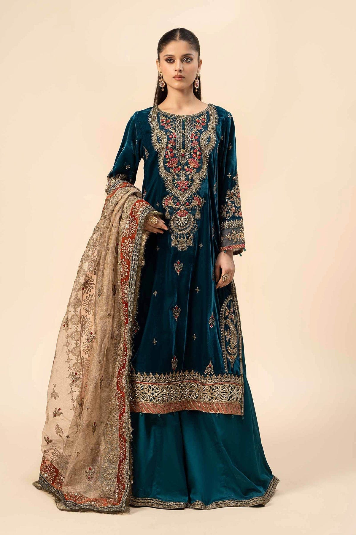 Maria b Velvet Teal blue (SF-W24-29) full-length primary view