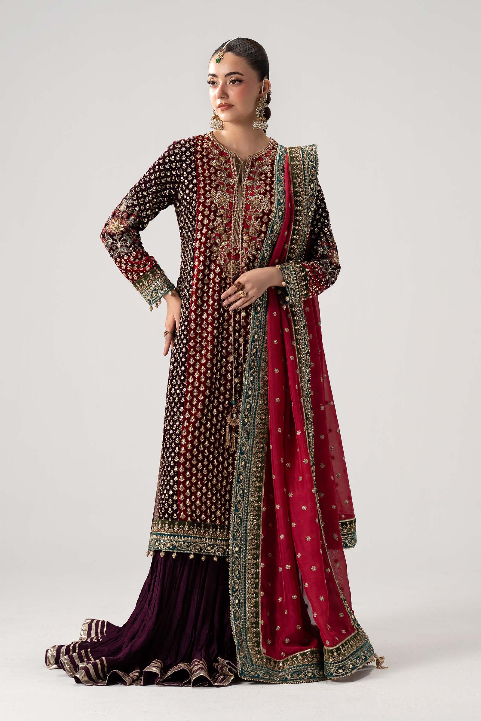 Maria B Yarizeh plum Velvet shirt and crushed sharara full front model view