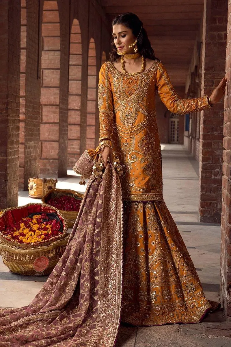 Mohsin Naveed Ranjha – Luxury Wedding Edition in mustard gold and dusty mauve – full outfit view