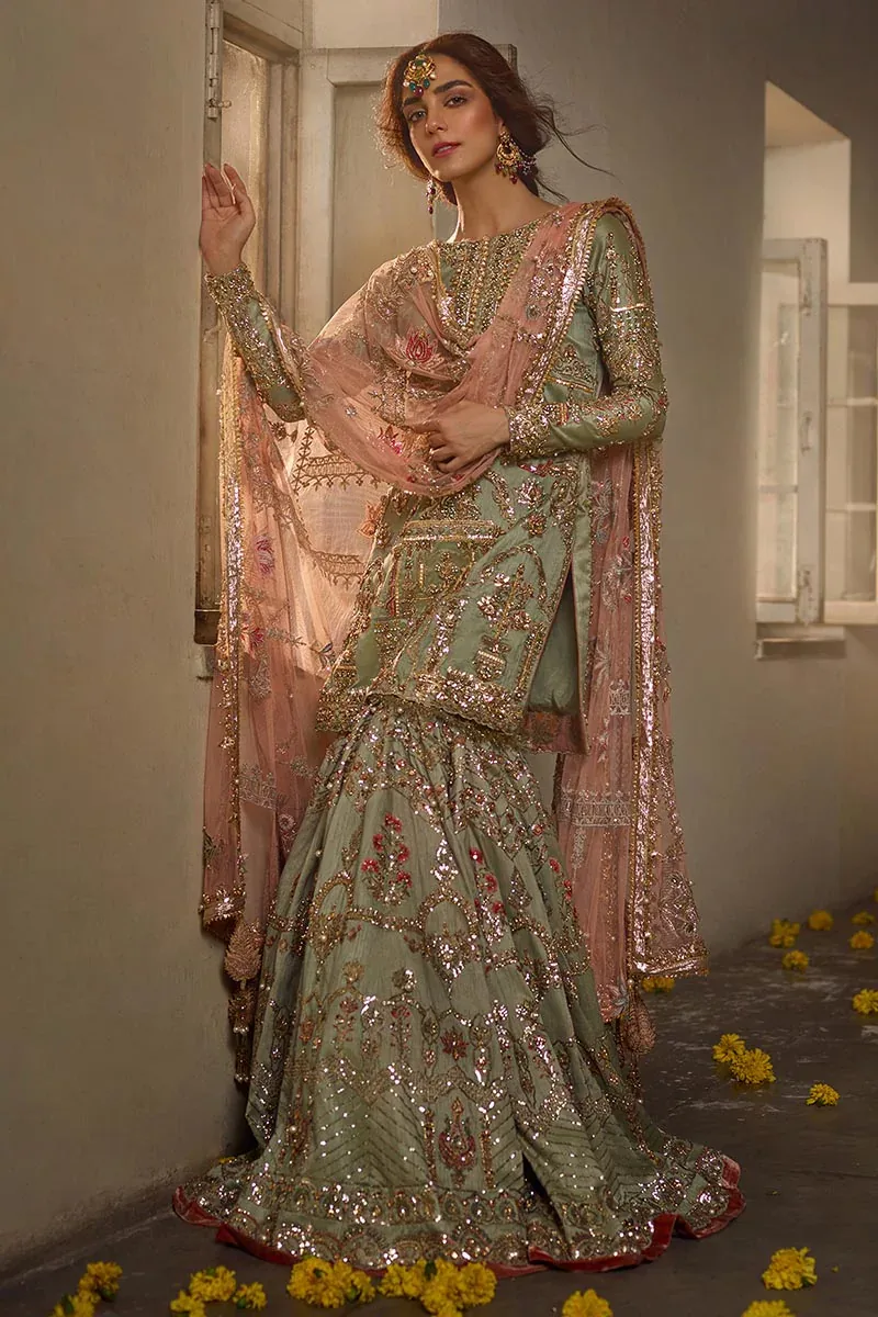 Mohsin Naveed Ranjha – Zamrud in mint green and dusty pink – full outfit view