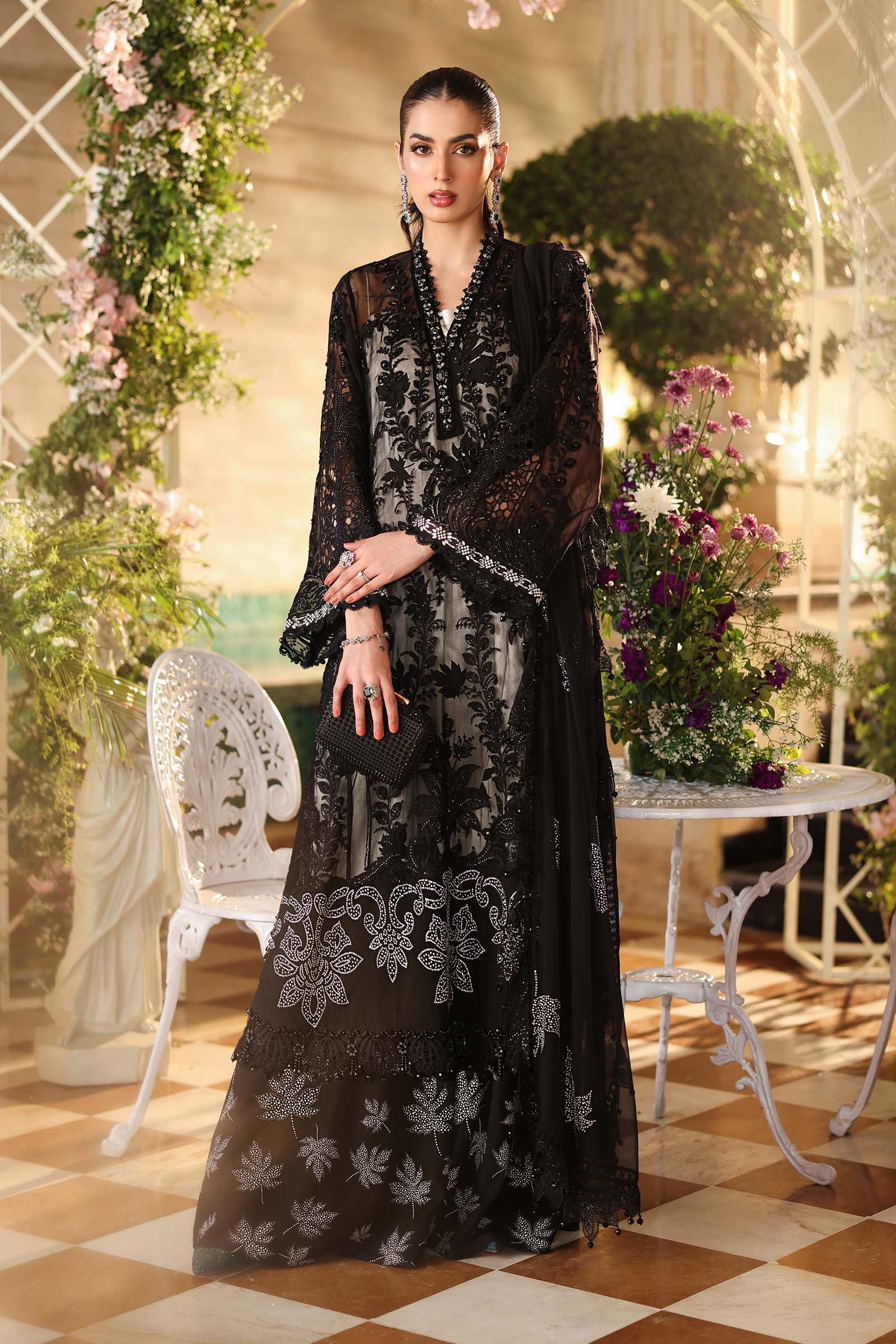 MPC-26-101 black embroidered chiffon suit with contrast undershirt, full-length front view