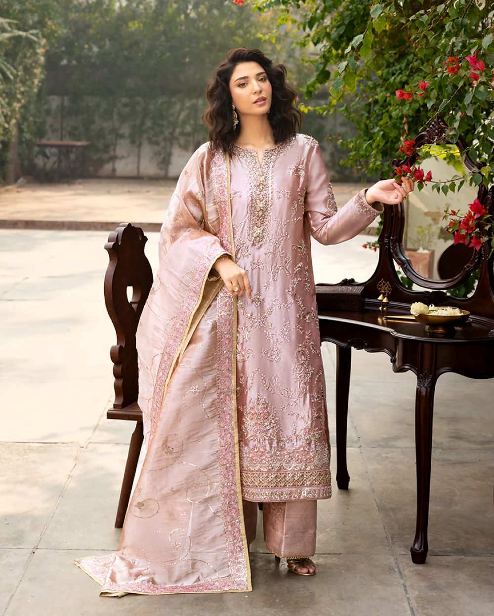 Mushq - Marium coral Lama Silk three-piece formal – full outfit view