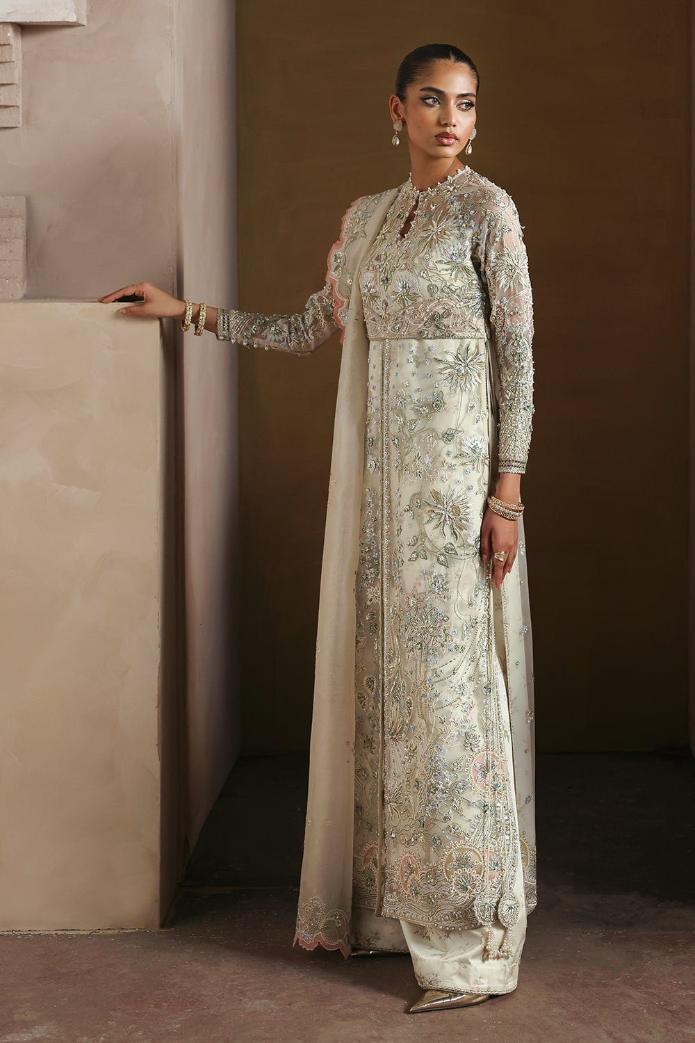Novara opal-white embroidered organza formal with hand-embellished panels, full-length front view