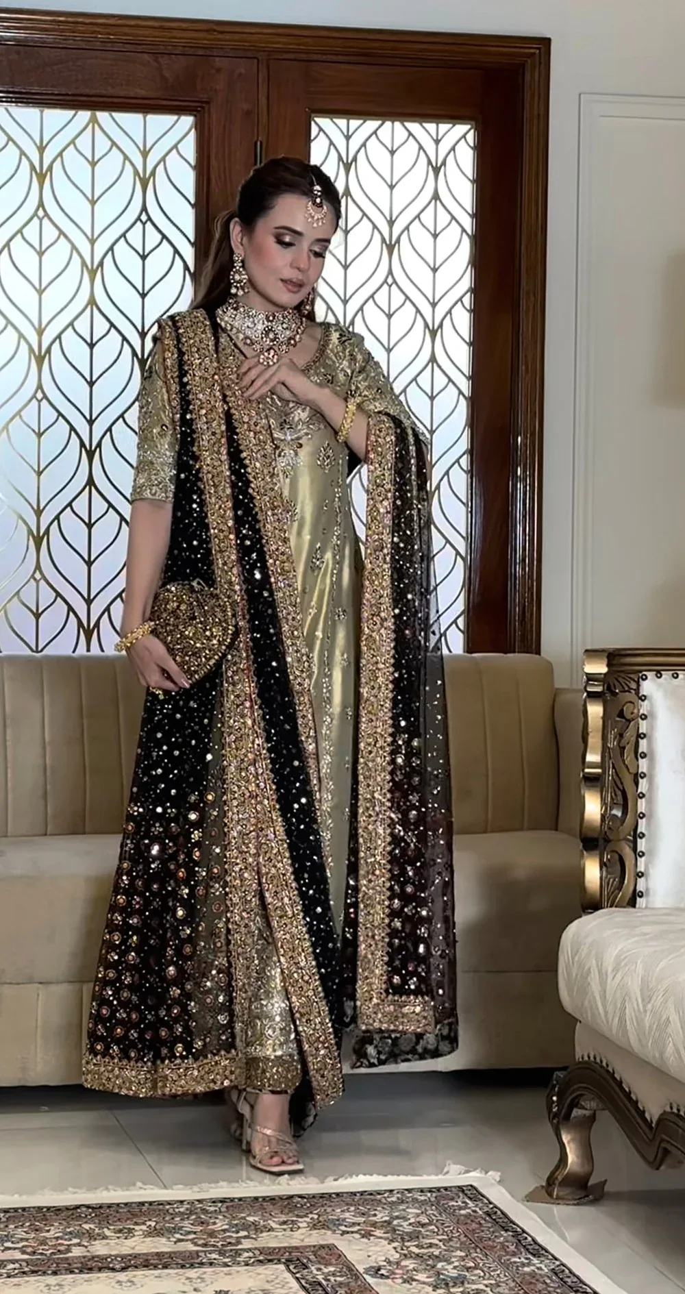 Pistachio Tissue Suit with Black Dupatta - full outfit view