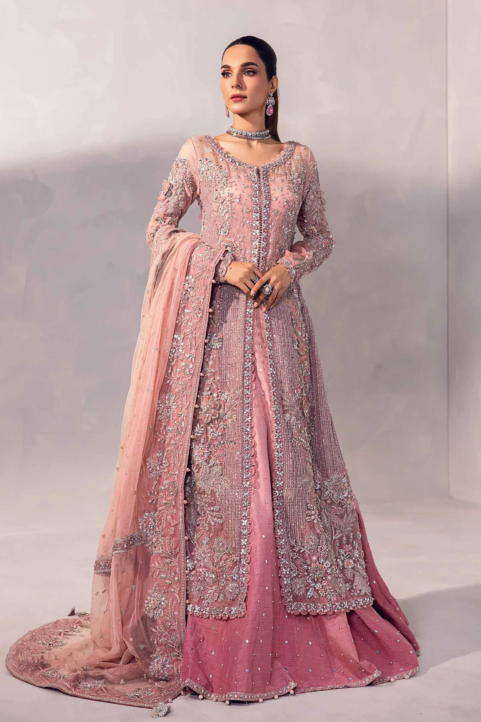 Maria B - Resmin Blush Pink Open Shirt with Lehenga – full outfit view