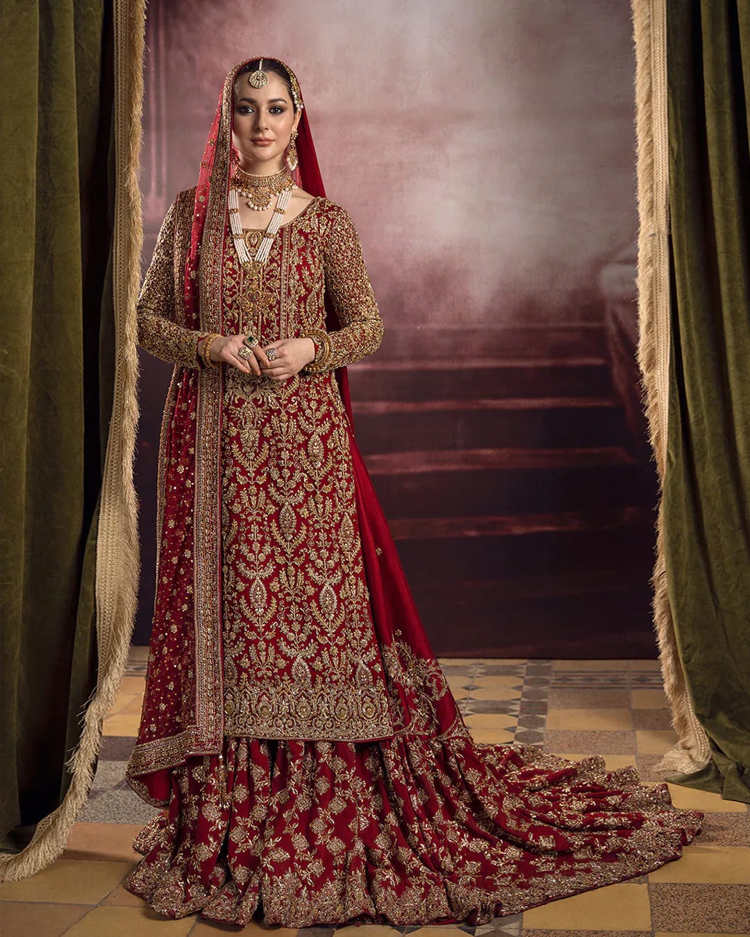 Roushana bright-red bridal shirt and gharara primary view