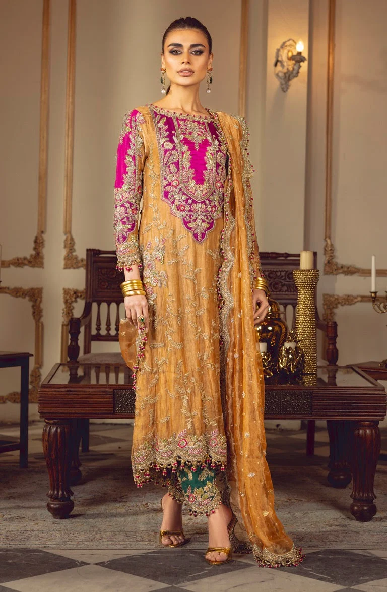 Sara Rohale Asghar – Sultaniqe Mustard Gold with Magenta and Green full front model view