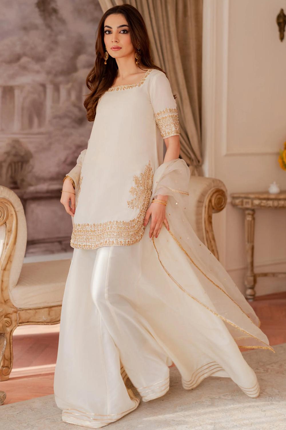ShanzayAnooshay off-white Soft Silk sharara suit full model view