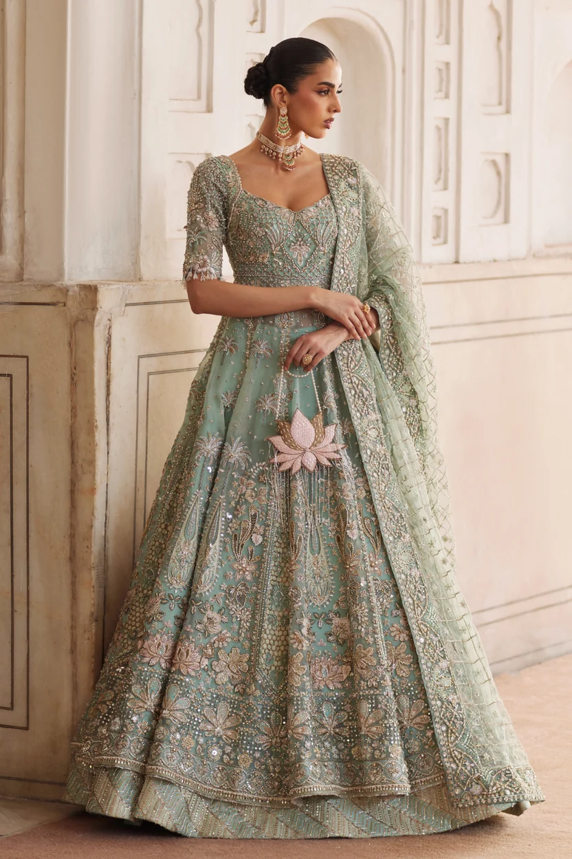 Soraya – Mahra Sage Green with Blush Pink full front model view