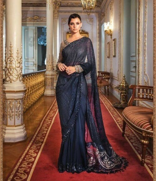 Maria B Embroidered cobalt blue saree full-length primary view