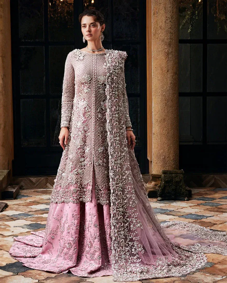 Mushq – Zarim blush pink net bridal maxi and lehenga – full outfit view